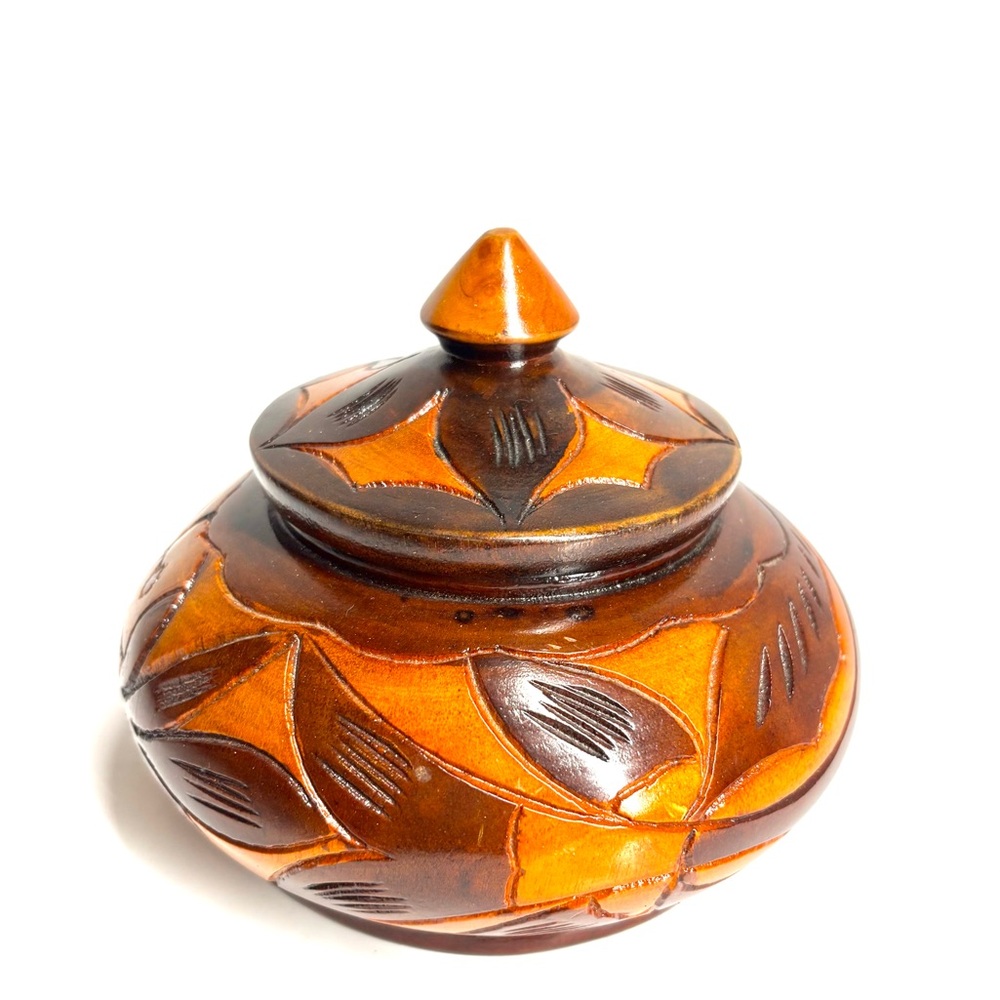 vintage Haiti hand-carved tropical wooden lidded vessel floral/leaf fish design